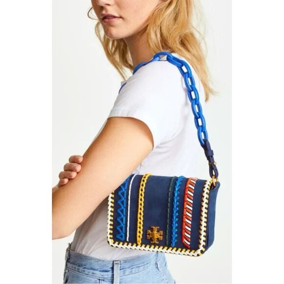 Tory Burch Kira Whipstitch Navy Suede Leather Mini Crossbody Shoulder Bag - Picture 1 of 12
